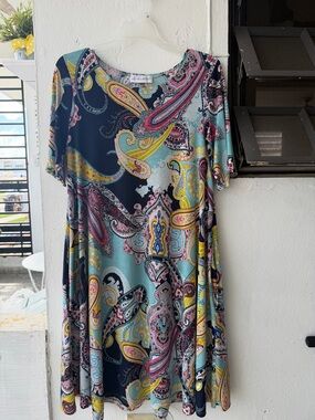 Paisley-Print Flutter Sleeve Dress in Teal & Navy